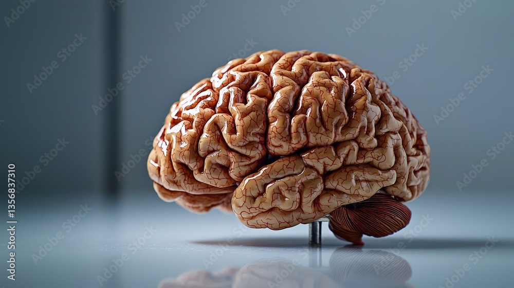 Poster neuroscience exploration human brain model laboratory 3d render clinical environment side perspectiv