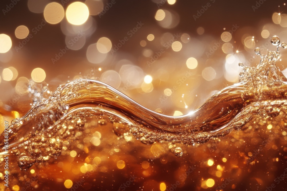 Poster shimmering golden liquid cascades with vibrant bubbles in a sparkling background