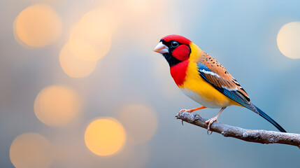 Closeup of a colorful Gouldian finch (Chloebia gouldiae) standing on the narrow branch
