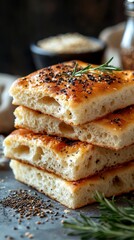 Delicious Stack of Homemade Focaccia Bread with Rosemary and Sesame Seeds on a Rustic Tabletop