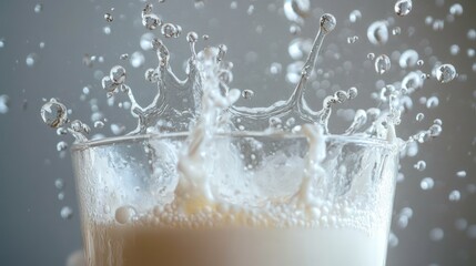 Milk splash in glass, close-up, studio shot,  background blur