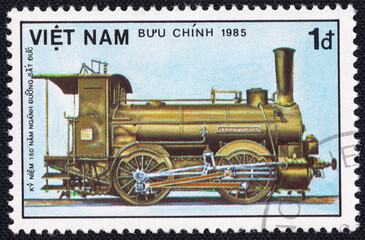 Vietnam stamp from 1985, commemorating the 150th anniversary of German Railways, featuring a vintage steam locomotive, German Tank Locomotive.