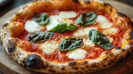 A fresh Neapolitan pizza with a blistered, charred crust and melted mozzarella, garnished with fresh basil and a drizzle of olive oil.
