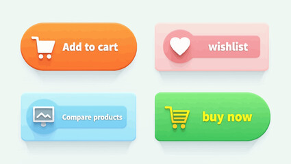 Colorful 3D-style ecommerce buttons including add to cart, wishlist, buy now, and compare products for digital store interfaces.
