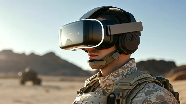 Soldier Engaged in Military VR Training Simulation for Desert Warfare