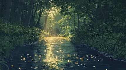 Sunlit forest stream with shimmering reflections of light illustration