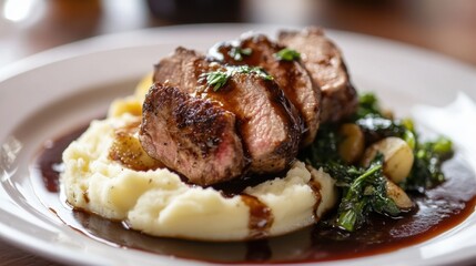 A gourmet Italian dish of roasted veal tenderloin with a balsamic glaze, served with creamy mashed potatoes and sauted greens.