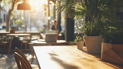 Fototapeta premium Cozy Cafe Interior with Natural Light and Greenery in Morning Glow