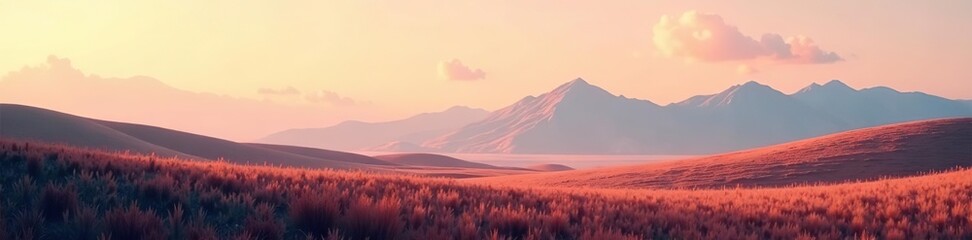 Fototapeta premium Abstract minimalist landscape with mountains, fields, clouds, and warm-toned sky, perfect for prints, interiors, decoration, covers, banners, abstract, design