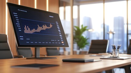 Modern office workspace featuring a computer display with financial graphs and city skyline