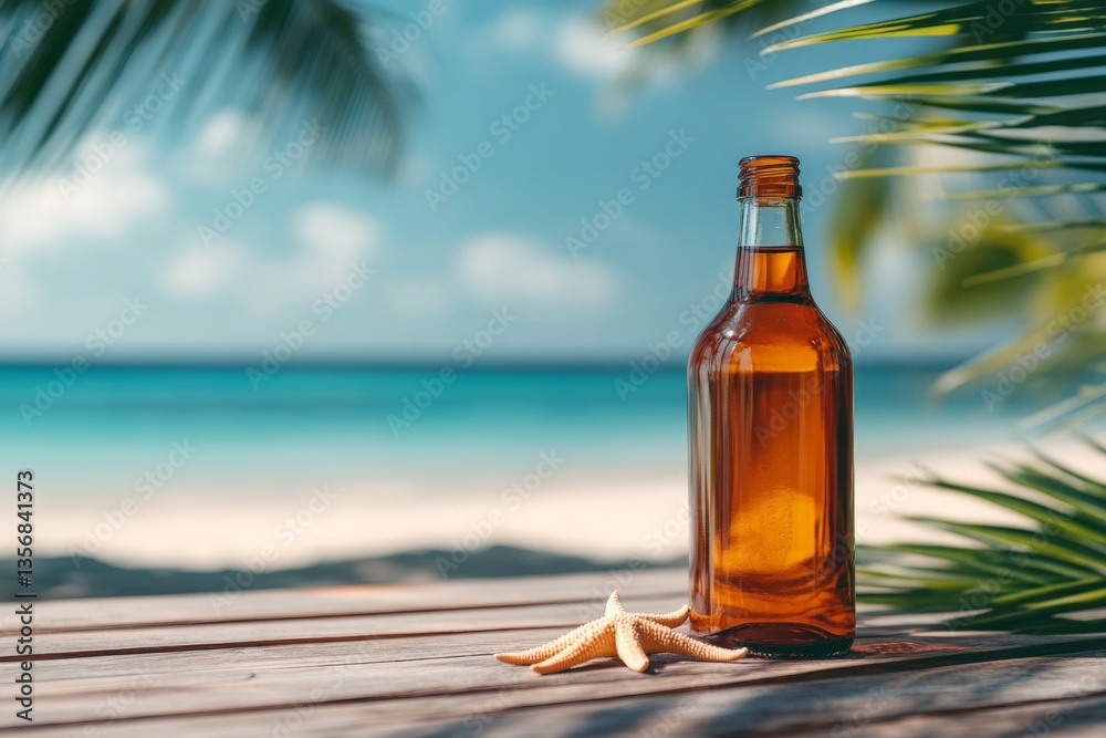 Poster relaxing at the beach with a bottle of cold beverage and a starfish on the wooden table under palm t