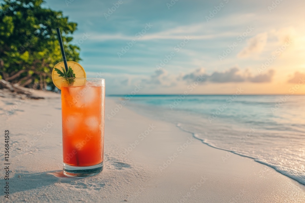 Poster sunset view of a tropical cocktail on a serene beach with gentle waves and lush trees