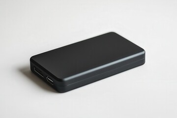 Fototapeta premium Sleek black external hard drive on a white background.