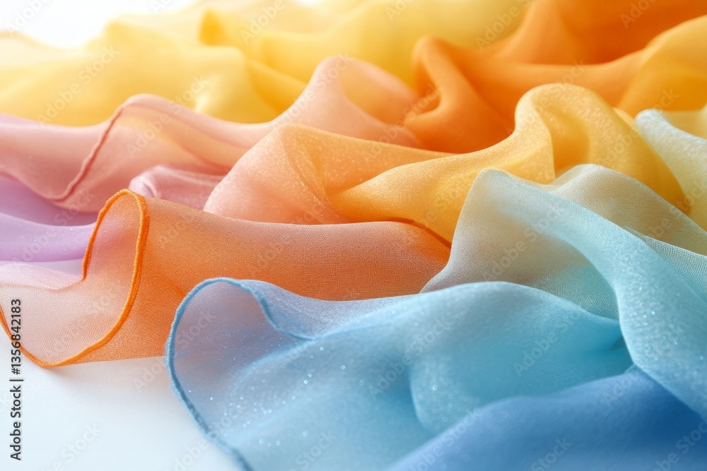 Poster colorful sheer fabric draped elegantly with soft waves showcasing a gradient of vibrant hues