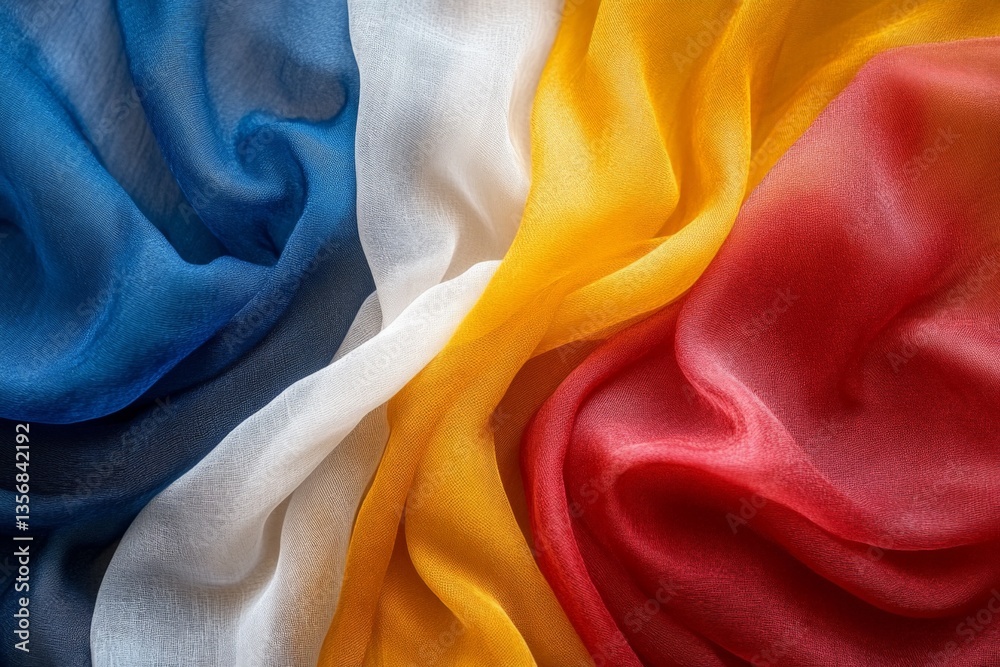 Poster fabric draped in colors of a national flag with intricate folds and textures from vibrant materials