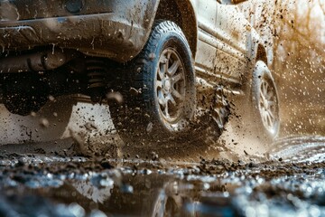 Off-road adventure car splashes through muddy trail. Neural network AI generated