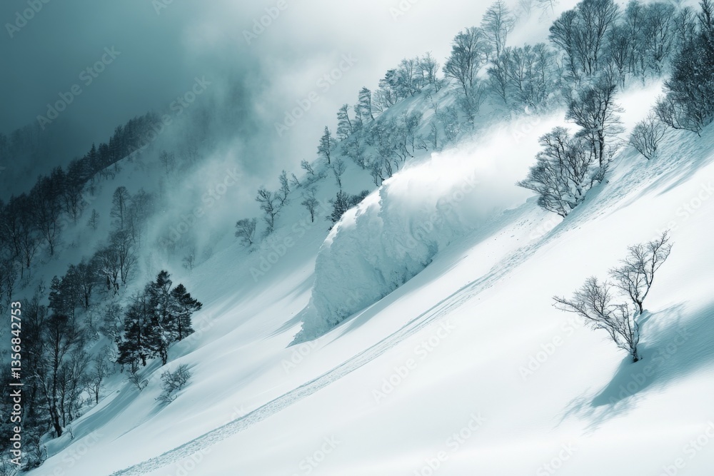 Poster snow avalanche cascading down a slope in a winter landscape surrounded by trees and fog