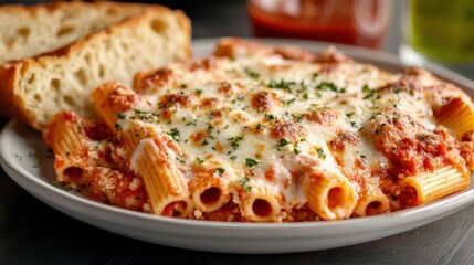 A plate of baked ziti covered in melted mozzarella and tomato sauce, served with a side of garlic bread.