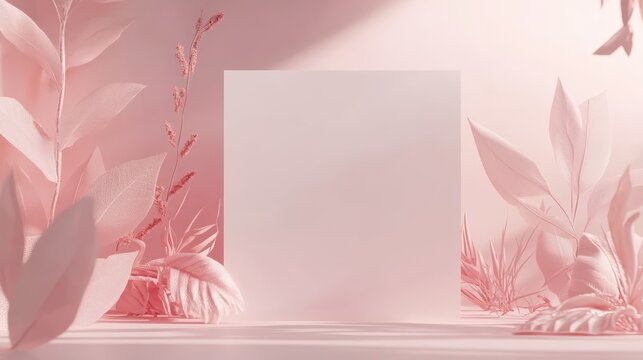 Fototapeta Pastel pink minimalist display mockup with plants