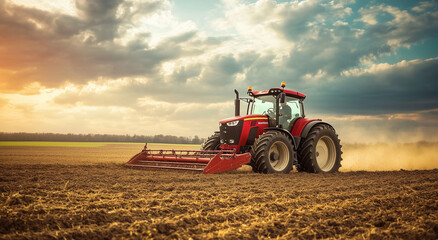 Fototapeta premium A bright red tractor is diligently plowing a vast field at sunset
