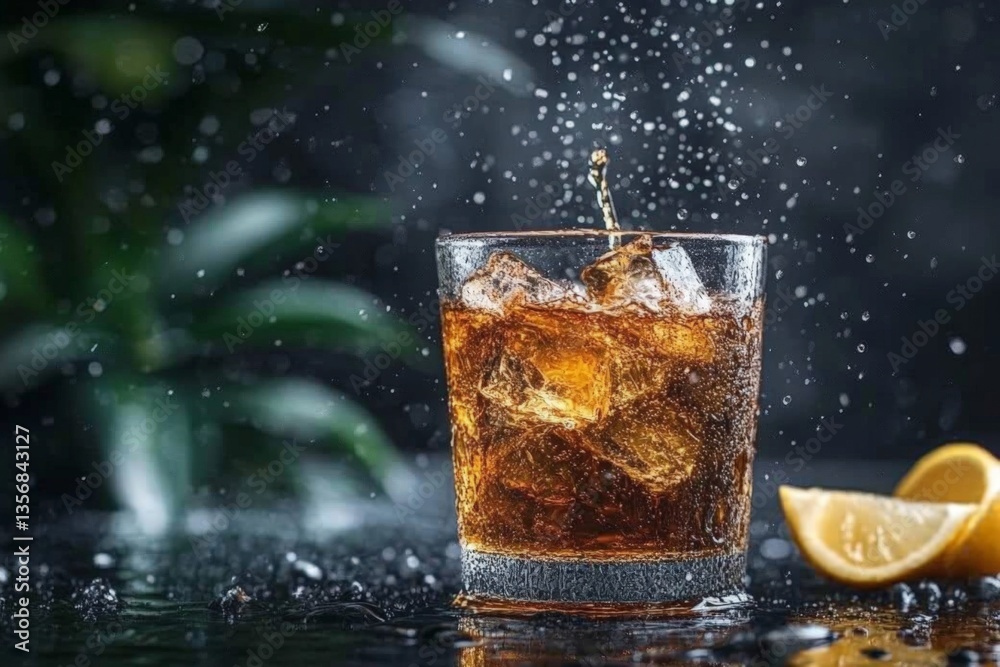 Aufkleber refreshing dark beverage with ice and lemon slice in a stunning setting, capturing the essence of le