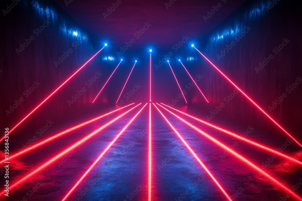 Aufkleber Vibrant laser beams create an immersive atmosphere in a dimly lit corridor during a nighttime event
