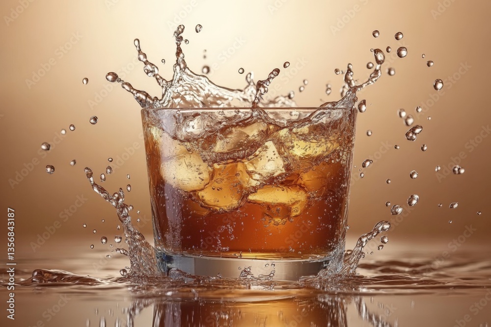 Poster refreshing drink with ice splashes on a smooth surface during a bright evening ambiance