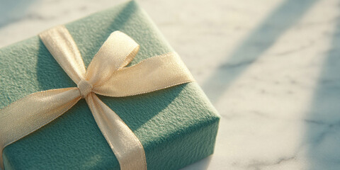Elegant green gift box with beige ribbon on marble surface