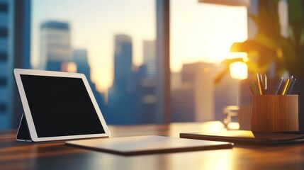 Modern office workspace at sunset with tablet, laptop, and city skyline in background