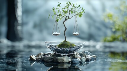 Naklejka premium Balancing nature and life tranquil tree reflection in water serenity zen garden close-up view