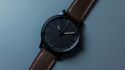 Precision in Time: An elegant wristwatch with a sleek black dial and a refined brown leather strap rests on a muted grey surface, perfect for commercial use. 