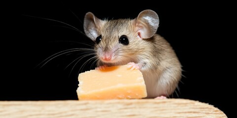 Fototapeta premium Close-up of a mouse nibbling cheese on wooden surface against black background