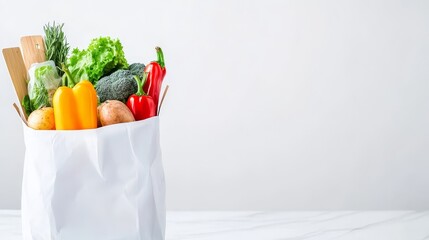 Fresh vegetables and greens arranged in a white bag on a marble countertop, ready for cooking