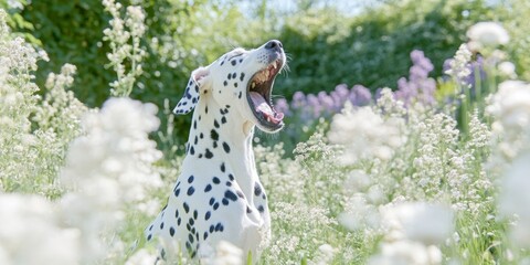 Obraz premium Dalmatian dog yawning in sunny flower field with lush green background