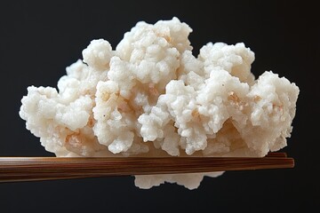 Unique edible dessert sample held by chopsticks in minimalist setting
