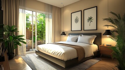Aesthetic bedroom with mock-up poster frame, black lamp, stylish bed, and greenery in the décor.