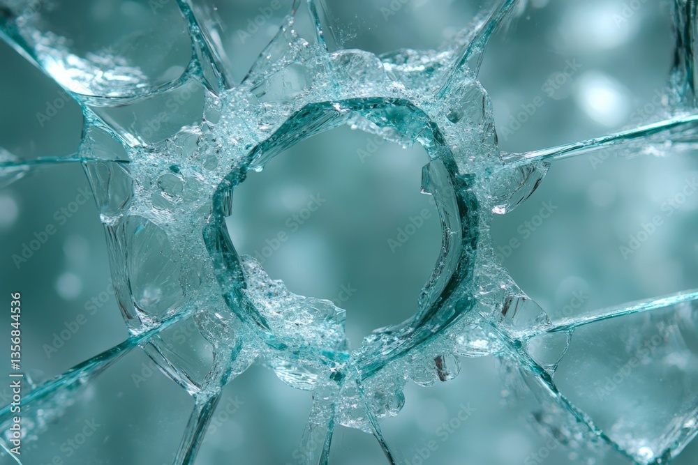 Poster shattered glass with intricate cracks highlighting the impact point against a soft turquoise backgro