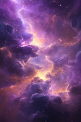 Fototapeta premium Ethereal cosmic nebula with vibrant purple and gold hues creating a celestial dreamscape of interstellar gas and starlight