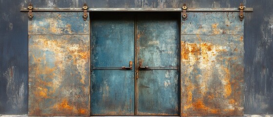 Rustic Blue Metal Barn Doors with Weathered Texture and Sliding Hardware in Industrial Style Photography
