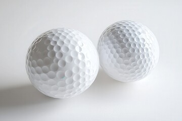 Close-up of two white golf balls on a light background.