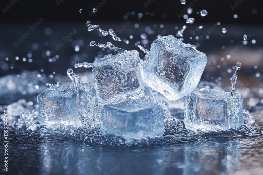 Poster Clear ice cubes splash into water creating dynamic ripples in a refreshing scene captured in high detail