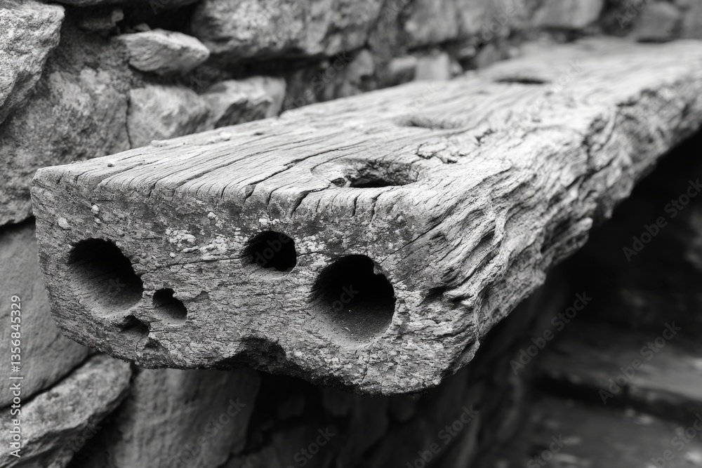 Poster weathered wooden beam with distinct holes rests against a stone wall in a rustic setting
