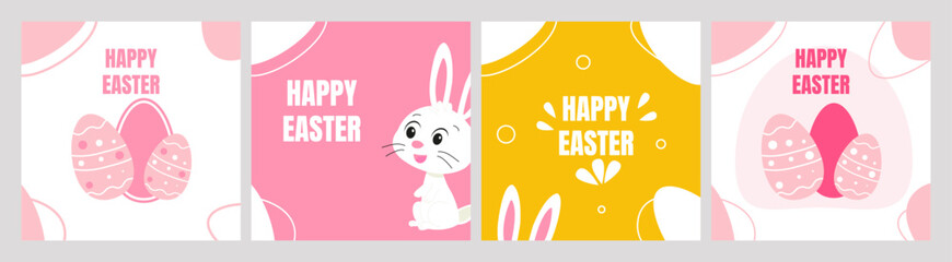 Set Happy Easter, rabbit, painted eggs flowers, inscription, Religious holidays sign. Vector illustration of postcards, banner