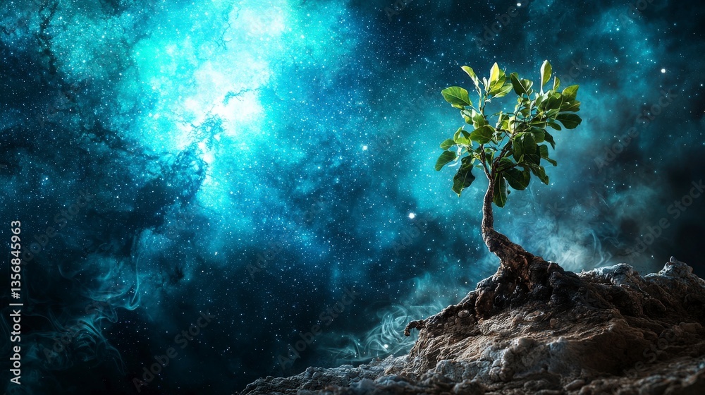 Poster cosmic growth a tree in space surreal landscape nighttime mystical environment celestial viewpoint