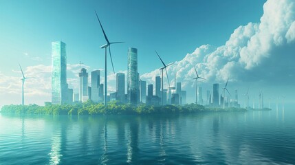 Futuristic City Skyline with Offshore Wind Turbines