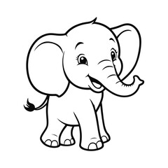 A sleek black and white vector illustration of a happy baby elephant with its trunk lifted high, smiling brightly on a white background