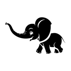 A minimalistic black and white vector illustration of a happy baby elephant with its trunk swinging in a playful way on a clean white background.
