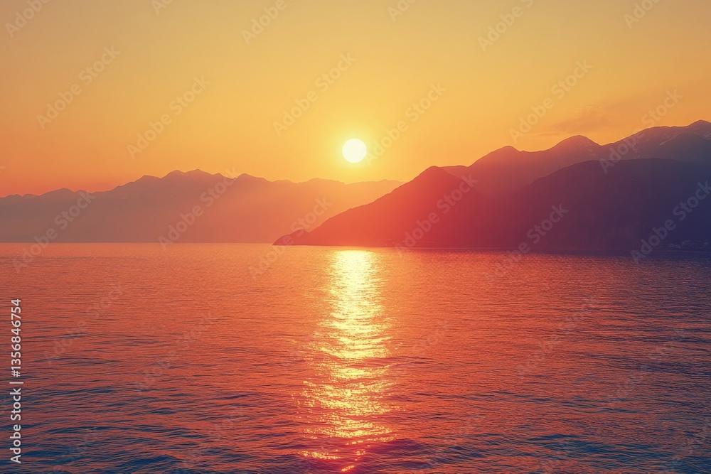 Aufkleber sunset over calm ocean waters with mountains in the background during evening hours