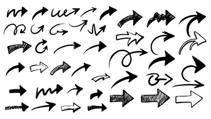 Vector hand-drawn arrow icon set. Grunge marker line scribbles. Handmade curve brush strokes. Sketch direction shapes, marks. Pen hand drawn illustration. Black artistic punk style graphic elements