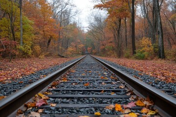 Obraz premium Train tracks running through a vibrant autumn forest path with colorful leaves scattered along the ground